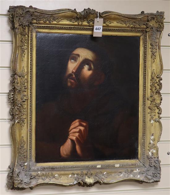 19th century Continental School, oil on canvas, Study of a praying monk 50 x 42cm